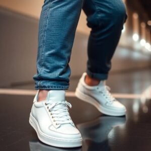 MARKOVA Premium White Sneakers for Men – Minimalist Luxury Lace-Up Shoes with Gold Eyelets, Cushioned Ankle Collar & Thick Durable Sole – Matte Finish Casual Designer Footwear